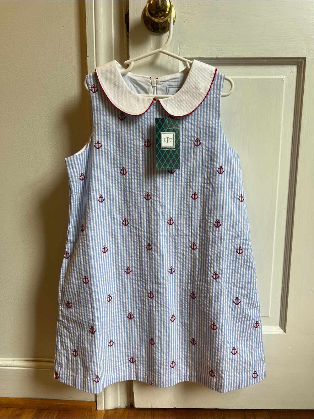 Girls' Blue Seersucker Anchor Dress with White Peter Pan Collar